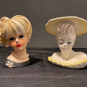 Two Vintage Mid-Century Napco Cermaic Lady Head Vases